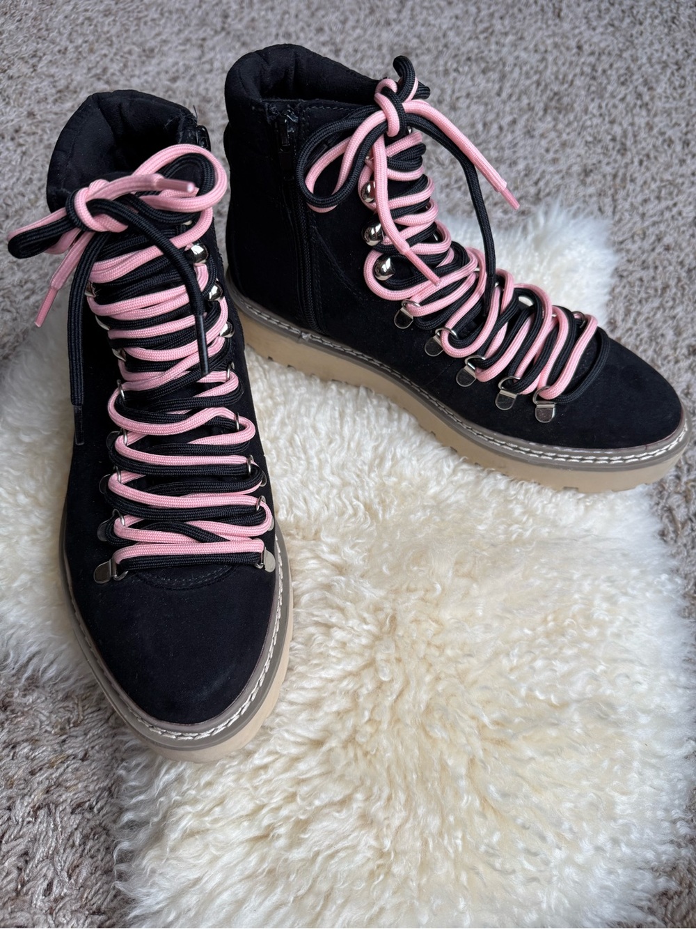Women's Black Suede Lace-Up Combat Hiker Boots with Pink and Black Laces